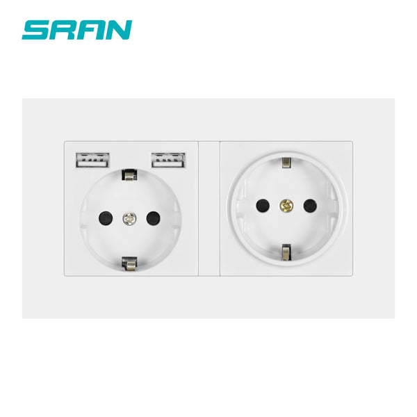 SRAN eu 2gang Power socket,16A electrical plug grounded Hide LED indicator,double Socket with USB, 146*86mm pc panel wall socket