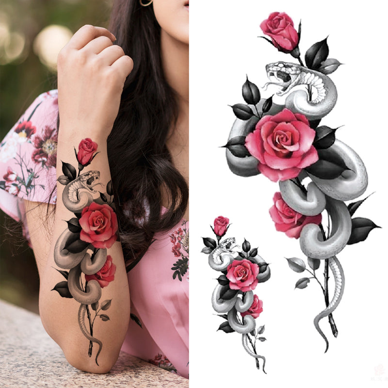 Death Skull Flower Temporary Tattoo For Women Girls Snake Bird Peony Tattoo Sticker Black Fake Blossom Sexy Tatoo Transfer Adult