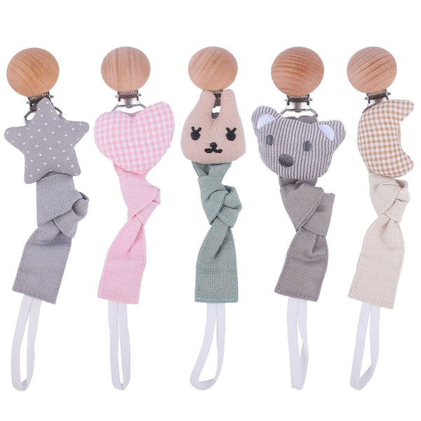 2021New Baby Pacifier Clip Newborn Linen Cotton Animal Wooden Pacifier Chain Nipple Soother Dummy Eco-friendly Material Holder