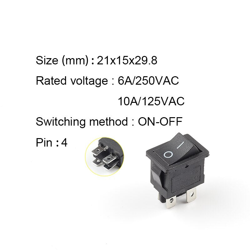 5 PCS/LOT KCD1 4 Pin 21*15mm ON-OFF Boat Car Rocker Switch 6A/250V AC 10A/125V AC With Red Blue Green Yellow Light Switch