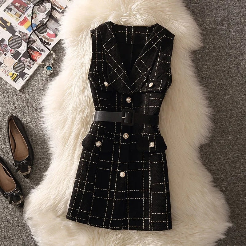 Vintage Mid-Length Plaid Tweed Vest Jacket Women 2 Piece Set Elegant Pearl Button Belted Unlined Waistcoat And Knitted Sweater