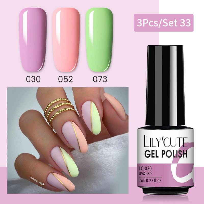 LILYCUTE 3 PCS Gel Nail Polish Set Nude Pink Glitter Sequins Matte Effect Gel Long Lasting Base Top Coat Nail Art Design Hybrid