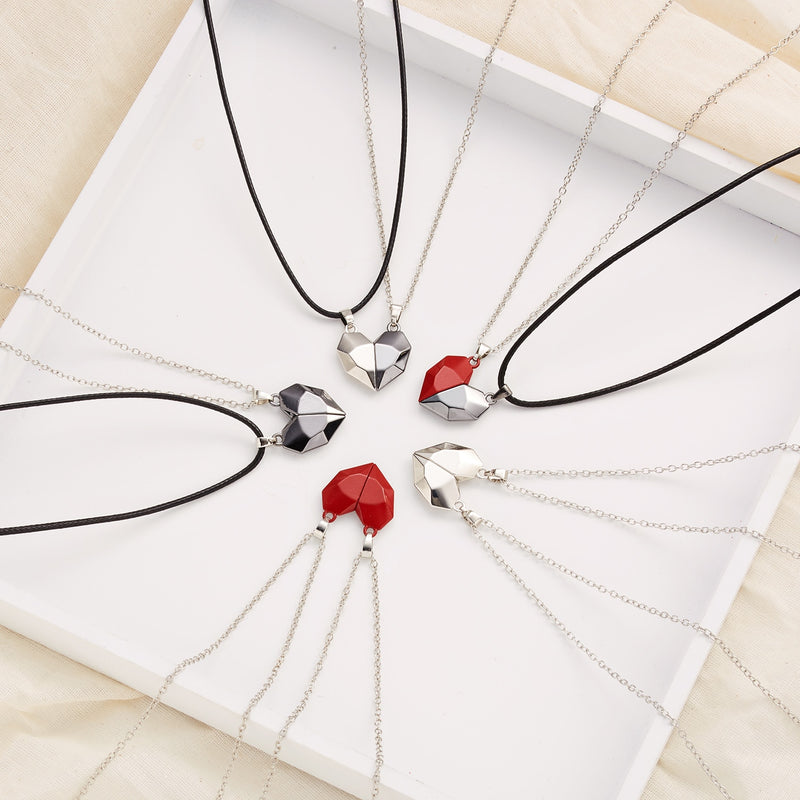 2Pcs/Lot Magnetic Couple Necklace Friendship Heart Pendant Distance Faceted Charm Necklace Women Valentine&