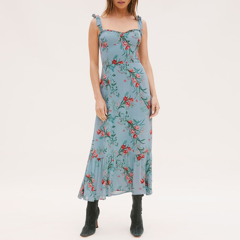 Dresses For Women 2022 Elegant Vintage Floral Dress Frill Sweetheart Neck Sleeveless Strap Tie Ruffle Hem Summer Beach Dress