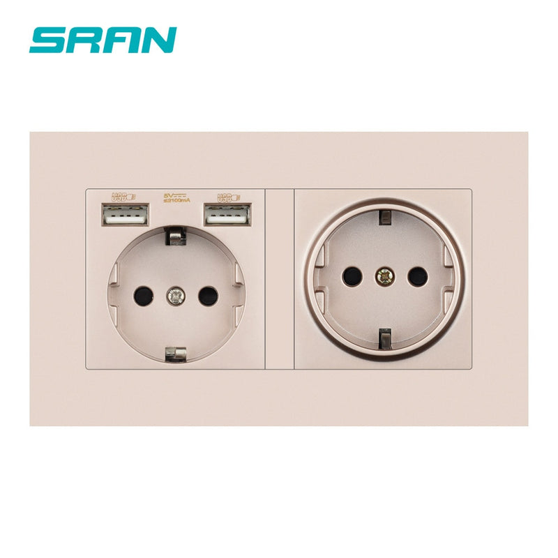 SRAN eu 2gang Power socket,16A electrical plug grounded Hide LED indicator,double Socket with USB, 146*86mm pc panel wall socket