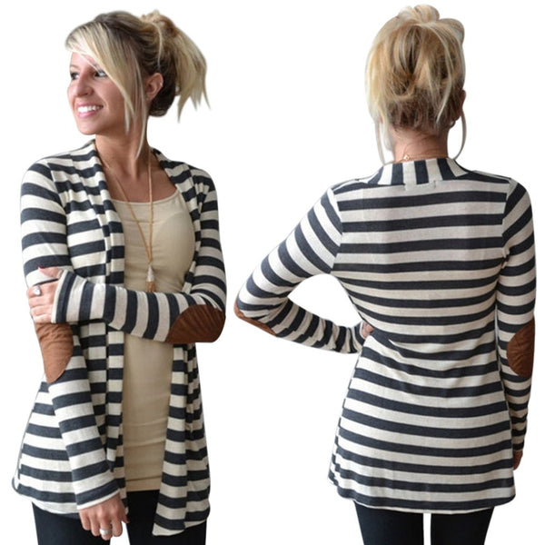 Elegant Design Women Autumn Winter Long Sleeve Cardigan Casual Stripe Pattern Lady Cotton Keep Warm Coat Cardigan