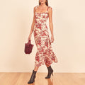 Dresses For Women 2022 Elegant Vintage Floral Dress Frill Sweetheart Neck Sleeveless Strap Tie Ruffle Hem Summer Beach Dress