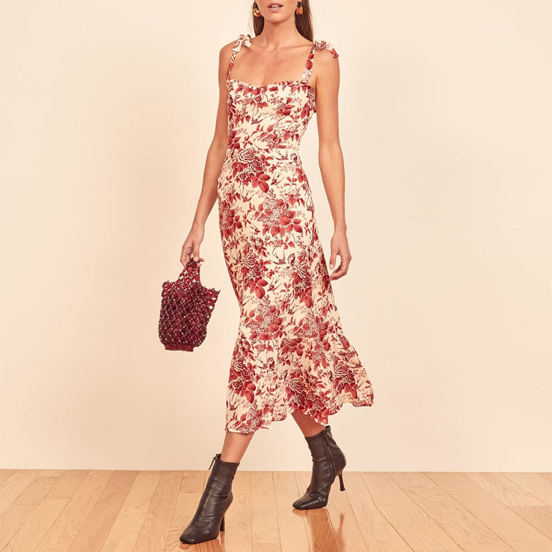 Dresses For Women 2022 Elegant Vintage Floral Dress Frill Sweetheart Neck Sleeveless Strap Tie Ruffle Hem Summer Beach Dress