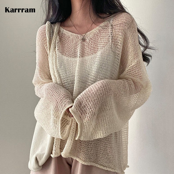 Karrram Lazy Style Full Sleeves Jumpers Tops Hollow Out Sexy Women Fashion Casual Streetwear Chic Femme Sweaters Pullovers