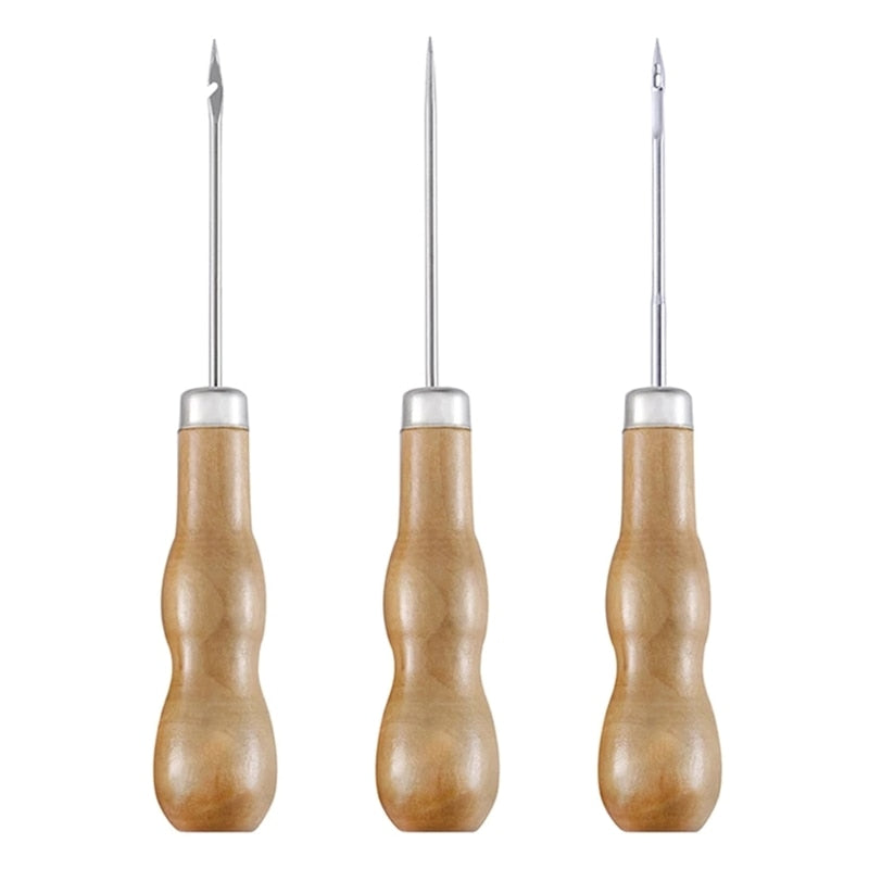 3PCS/SET Wooden Handle Sewing Awl Hand Stitcher Leathe Punch Tool DIY Shoe Repair Hook Tool Leather accessories