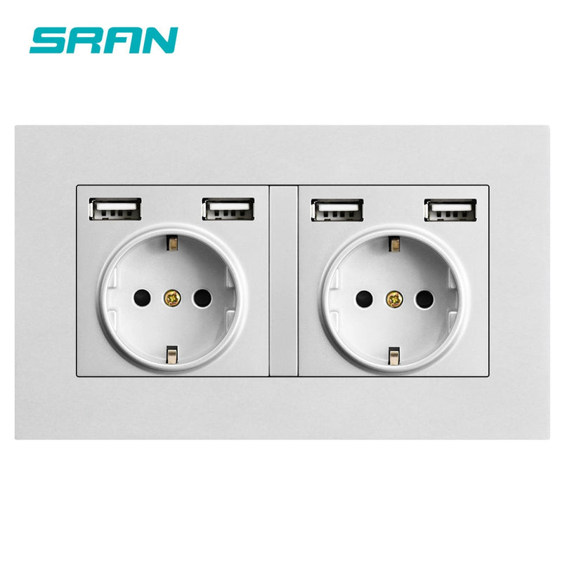 SRAN eu 2gang Power socket,16A electrical plug grounded Hide LED indicator,double Socket with USB, 146*86mm pc panel wall socket
