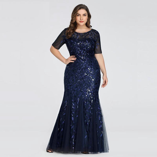 2022 Plus Size Sequin Mesh Mermaid Slim Evening Dress Beaded Leaves Pattern Formal  Women Elegant Party Prom Gowns Short Sleeve
