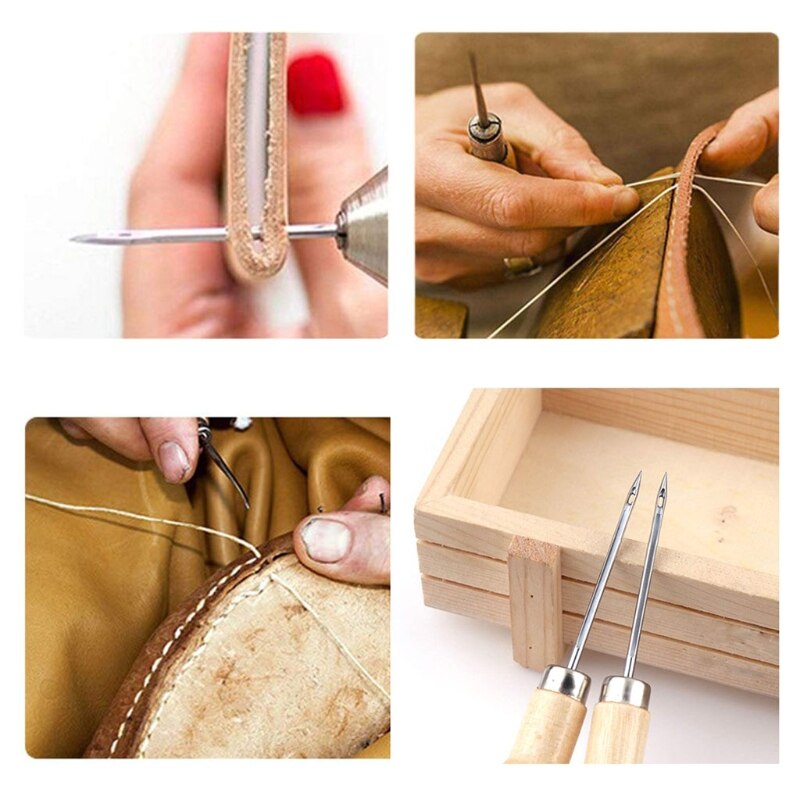 3PCS/SET Wooden Handle Sewing Awl Hand Stitcher Leathe Punch Tool DIY Shoe Repair Hook Tool Leather accessories