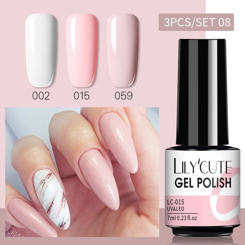 LILYCUTE 3 PCS Gel Nail Polish Set Nude Pink Glitter Sequins Matte Effect Gel Long Lasting Base Top Coat Nail Art Design Hybrid