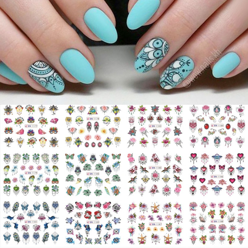 12 Designs Nail Stickers Set Mixed Floral Geometric Nail Art Water Transfer Decals Sliders Flower Leaves Manicures Decoration