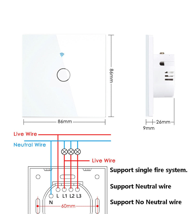 Wifi EU Wall Touch Switch Smart Light Switch 1/2/3 Gang  No Neutral Wire Required Tuya Smart Life Home Support Alexa Google Home