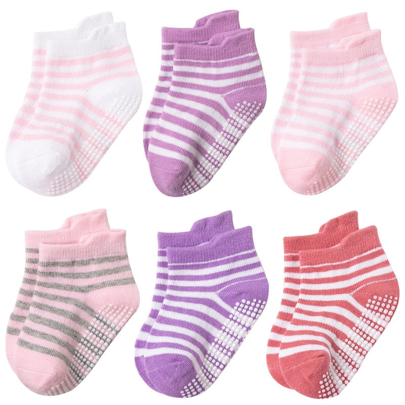 6 Pairs/lot 0 to 5 Years Anti-slip Non Skid Ankle Socks With Grips For Baby Toddler Kids Boys Girls All Seasons Cotton Socks