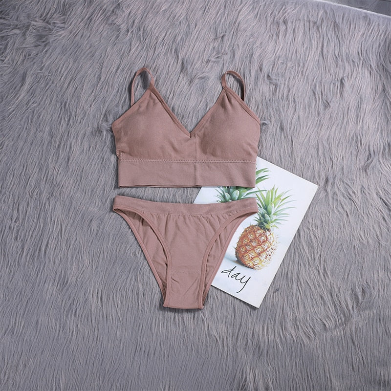 ATHVOTAR 2PCS Bra Sets Seamless Underwear Set Ribbed Bra Top Low-Waist Women Panties Female Bralette Lingerie New