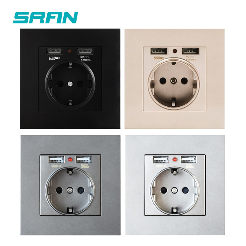SRAN EU Power socket socket with usb for home,Dual Usb plug 5V 2A PC Panel 86*86mm Usb wall socket Smart LED ON/OFF 16A Outlets
