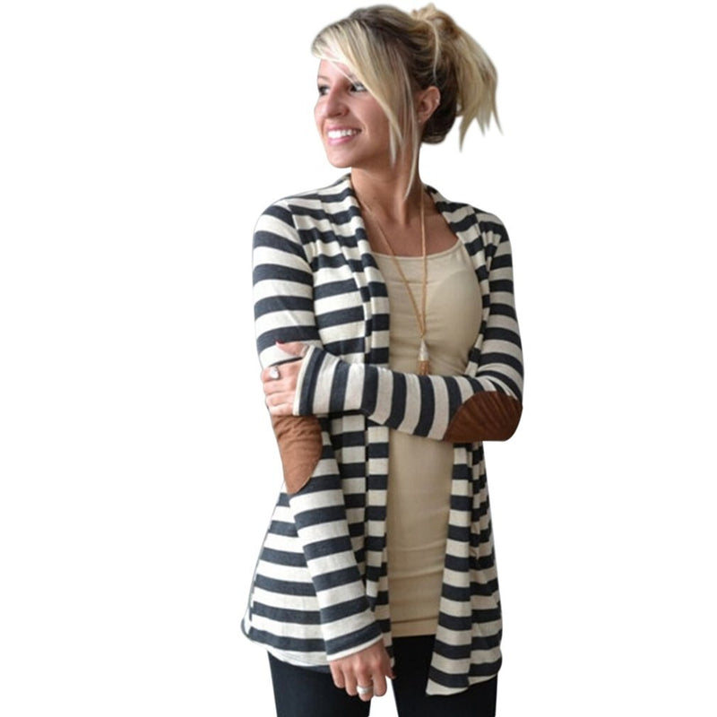 Elegant Design Women Autumn Winter Long Sleeve Cardigan Casual Stripe Pattern Lady Cotton Keep Warm Coat Cardigan