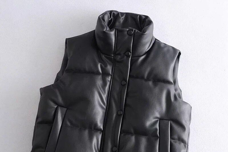 Black Stand Collar Vests Women Fashion Zipper PU Leather Coats Women Elegant Autumn Winter Short Vests Female Ladies