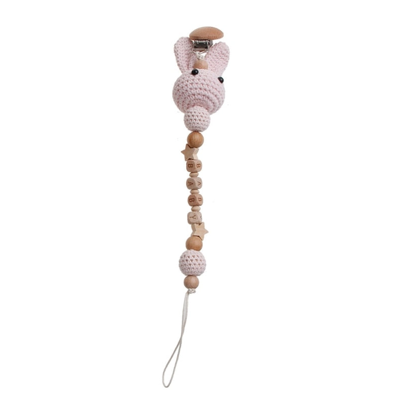 1pc Crochet Bunny Baby Pacifier Clip Chain BPA Free Wooden Beads Appease Soother Chain Clips Newborn Dummy Holder Nipple Clip