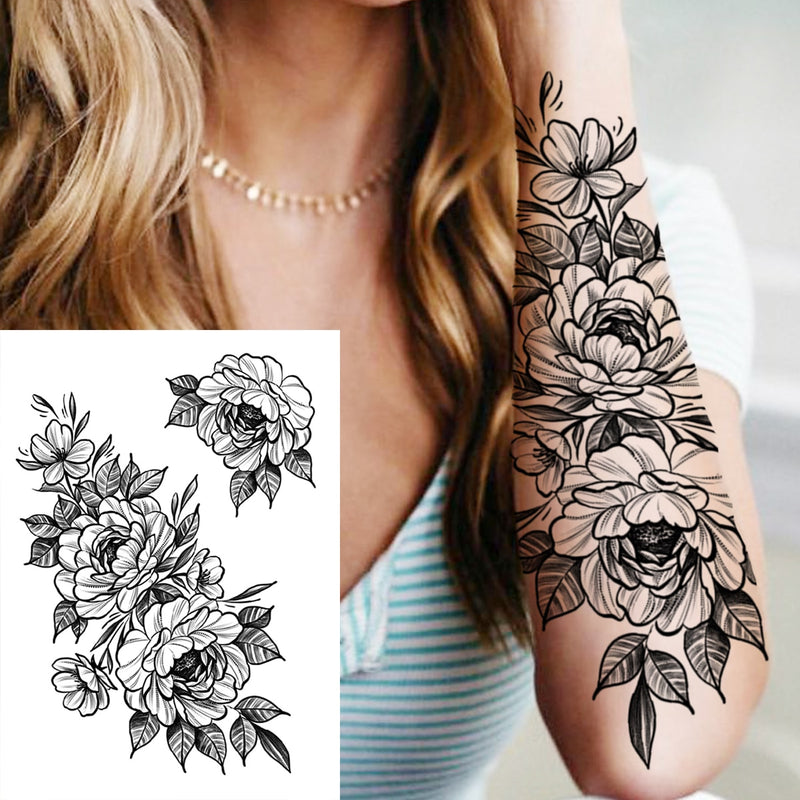 Sexy Flower Temporary Tattoos For Women Body Art Painting Arm Legs Tattoos Sticker Realistic Fake Black Rose Waterproof Tattoos