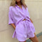 Cotton and Linen suit 2021 Women Solid Clothes Set Half Sleeve Lapel Neck Button-up Shirt+Irregular Hem Drawstring Shorts Sets