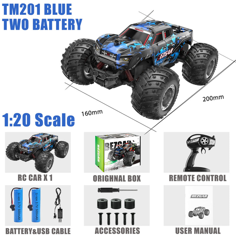 BEZGAR TM201 Remote Control Car,2.4GHz Rc Car All-Terrain 15Km/h 1:20 Off-Road Monster Truck Toy Christmas Present for Children