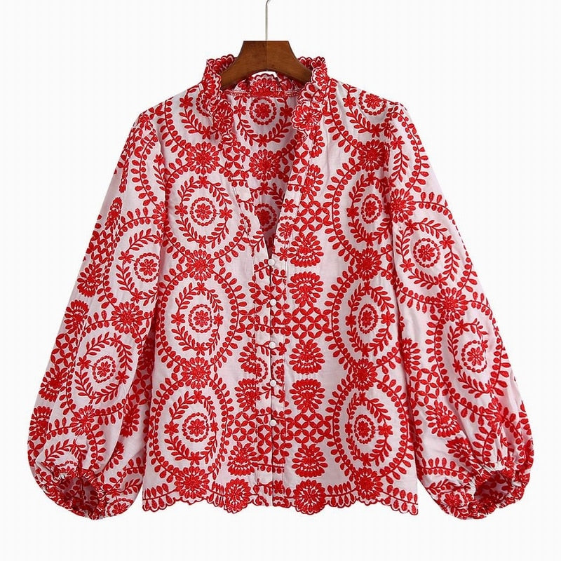 Embroidery Women Blouse Summer 2022 New Fashion Long Sleeve Female Smock Shirt Top Clothing Wears