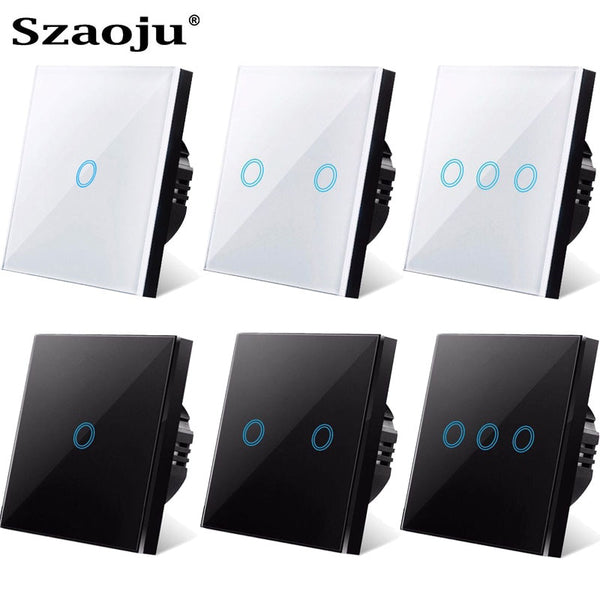 Szaoju EU Touch Switch Power Led Panel Wall Lamp Light Sensor Switches AC100-240V Tempered Crystal Glass 1/2/3 Gang Interruttore