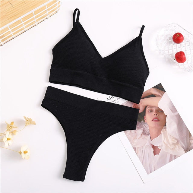 2PC Underwear Set Women Seamless Bra Set Wireless Bra Sexy High Waisted Female Underpants Comfortable Basic Bralette Lingerie