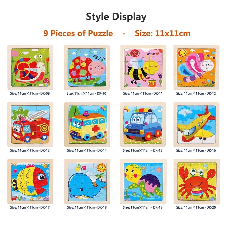 11X11CM Kids Wooden Puzzle Toy Vehicle Animal Jigsaw Cartoon Animal Traffic Tangram Toys Educational Toys Puzzles for Kids Gifts