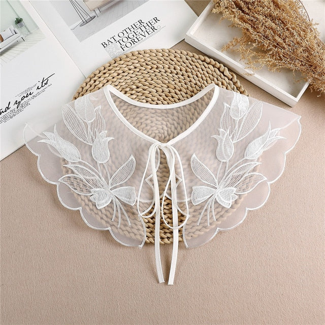 Linbaiway 2022 Lace Chiffon Doll Fake Collar Ladies Shawl Wrap Removable Detachable Embroidered False Collar Clothes Accessory