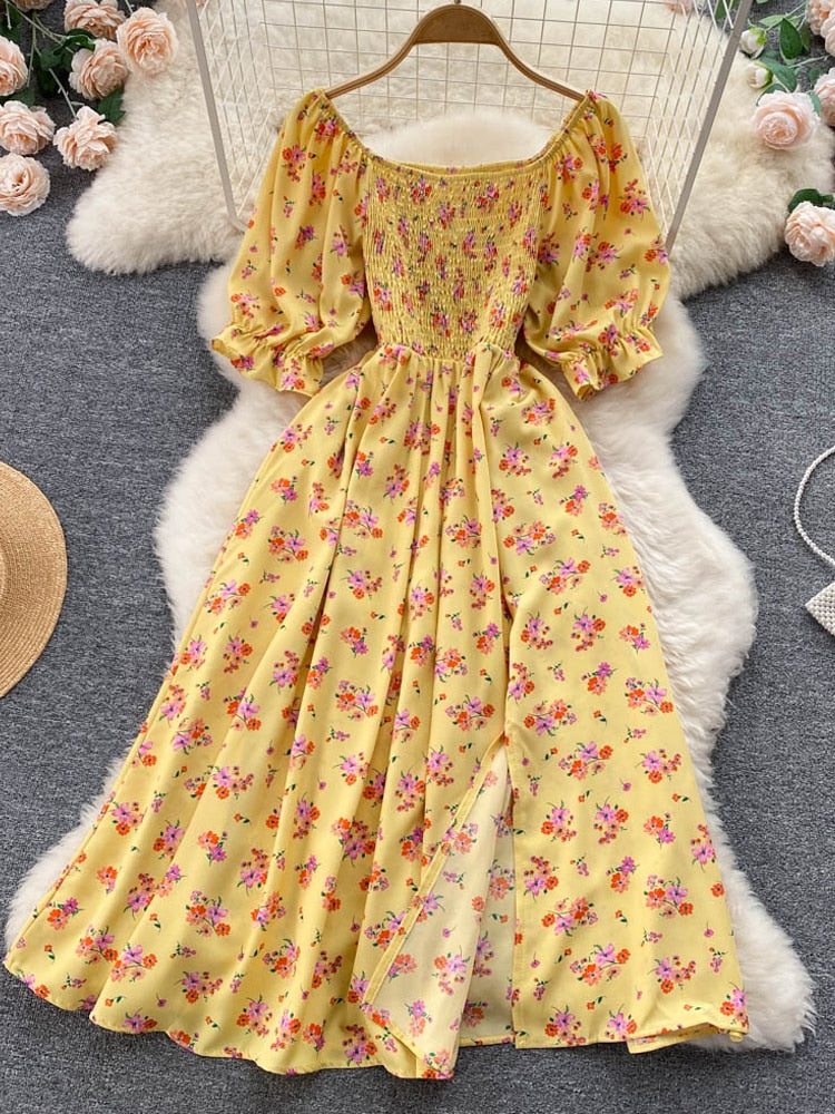 YuooMuoo Limited Big Sale Women Dress Fashion Romantic Floral Print Split Long Summer Dress Puff Sleeve Party Korean Vestidos