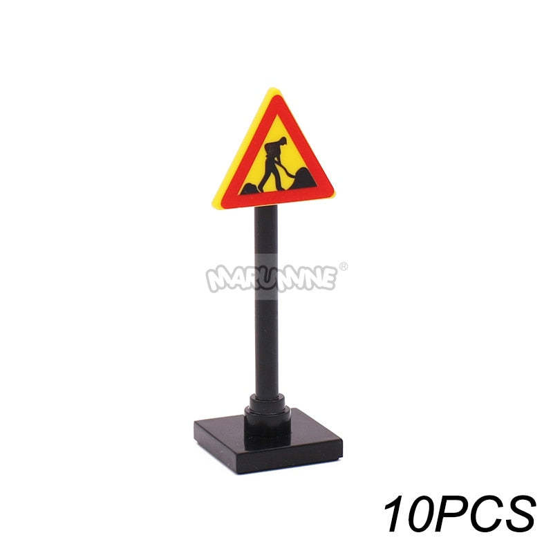 Marumine Traffic Road Sign Light Lamp Block Brick City Street View Accessories Signpost Barrier Speed Limit Indicator Warning