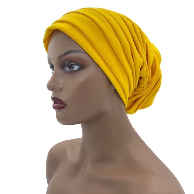 Candy Color Ladies Head Wraps Muslim Hijab Bonnets Fashion Headgear Trending Elastic Full Body Pleated Turban Cap for Women