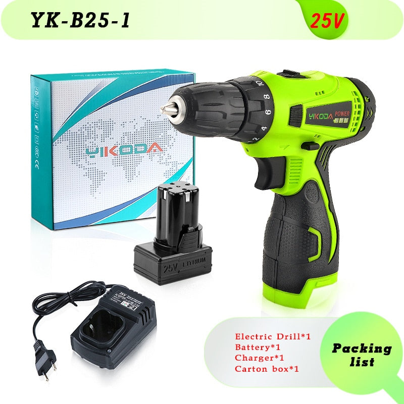 YIKODA 12V 16.8V 21V 25V Electric Screwdriver Cordless Drill Rechargeable Lithium Battery Mini Wireless Power Driver Tools