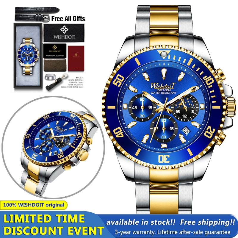 100%Original WISHDOIT Watch for Men TOP Brand Waterproof Sports Stainless Steel Chronograph 2021New Fashion Luxury Wristwatches