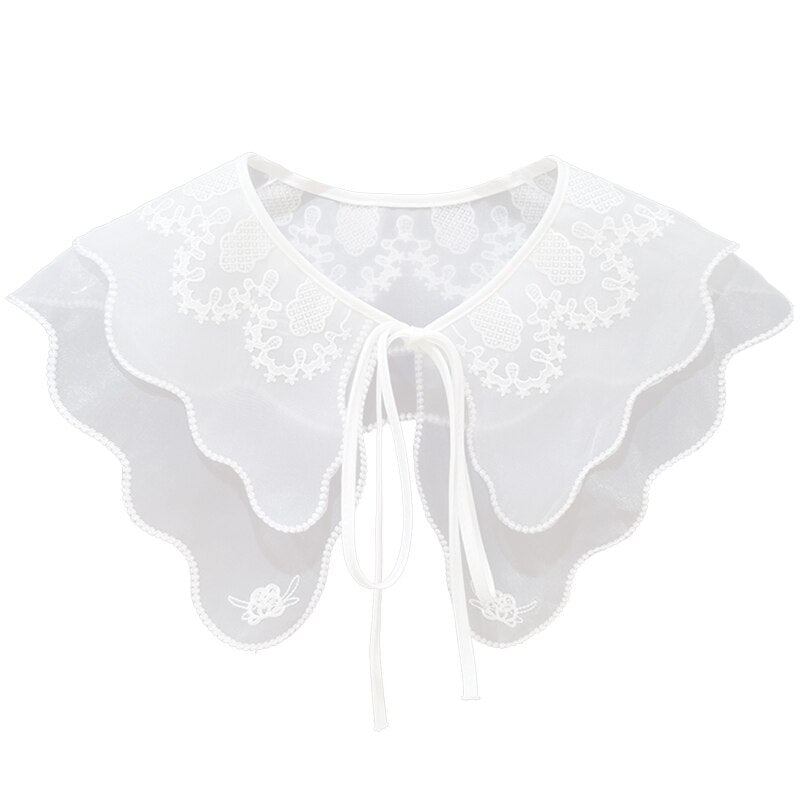 Royal Style Cotton Fake Collar Shawl Wrap Hollow Out Floral Lace Ruffled Trim Necklace Pointed Triangle Lapel Blouse
