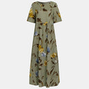 Vintage Floral Long Dress Women Summer Elegant Linen Short Sleeve Boho Maxi Dress Female Holiday Sundress Party Dresses Vestidos