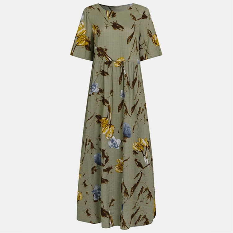 Vintage Floral Long Dress Women Summer Elegant Linen Short Sleeve Boho Maxi Dress Female Holiday Sundress Party Dresses Vestidos