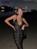Nibber 2021 Sexy Mesh Pleated Long Prom Dresses For Women's Clothing Solid Color Beach Party Wear Midi Wrap Dress Street Outfit