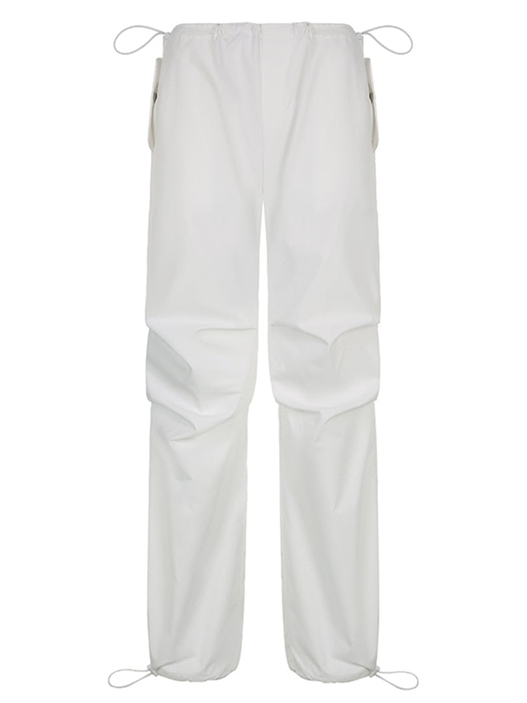 Sweetown Casual Baggy Wide Leg Sweatpants White Loose Drawstring Low Waist Streetwear Cargo Pants Womens Hippie Joggers Trousers