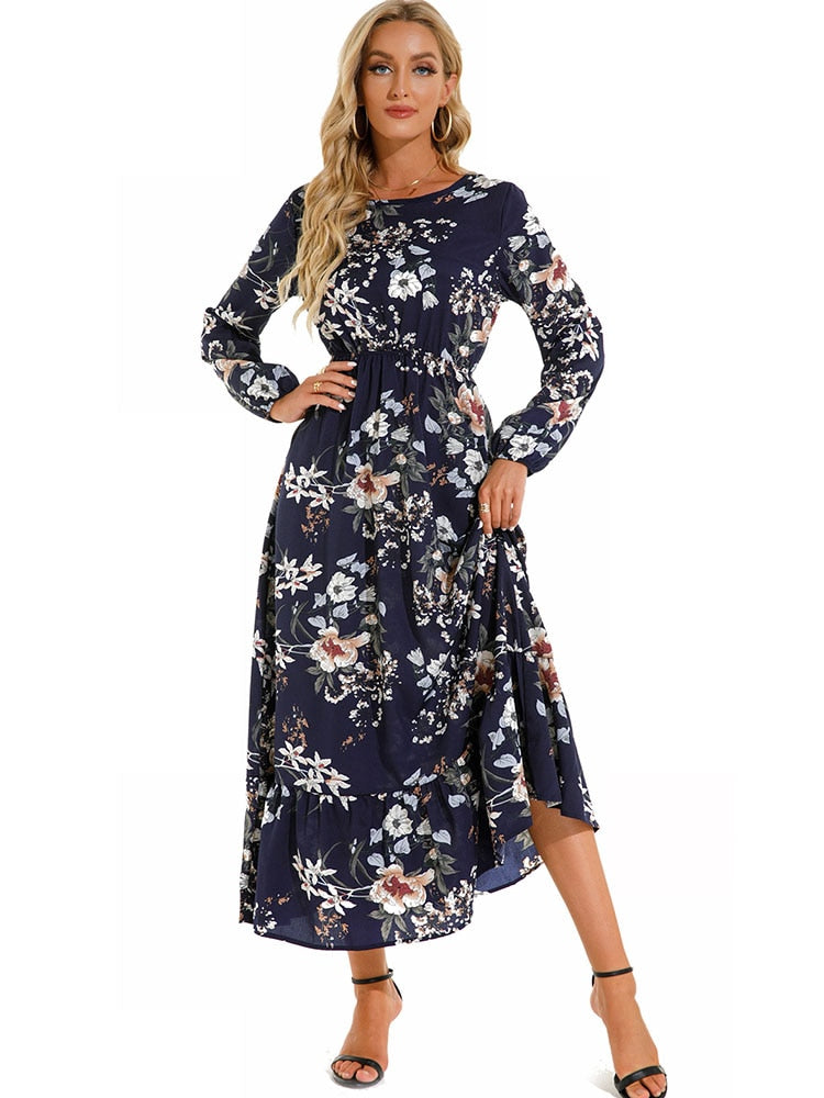 Women Elegant Floral Printed Long Dresses Spring Summer Casual O Neck Long Sleeve Ladies Chic High Waist A Line Beach Dresses