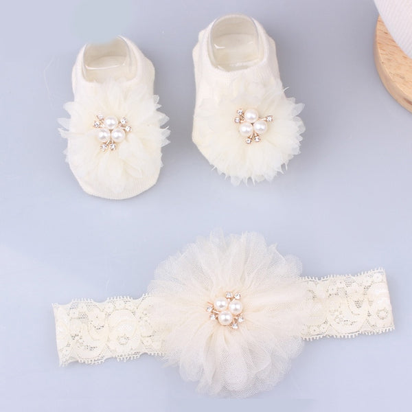Lovely Pearl Bows Newborn Baby Girl Headband Socks Set Lace Flower Baby Hair Band Turban Baby Little Girl Hair Accessories