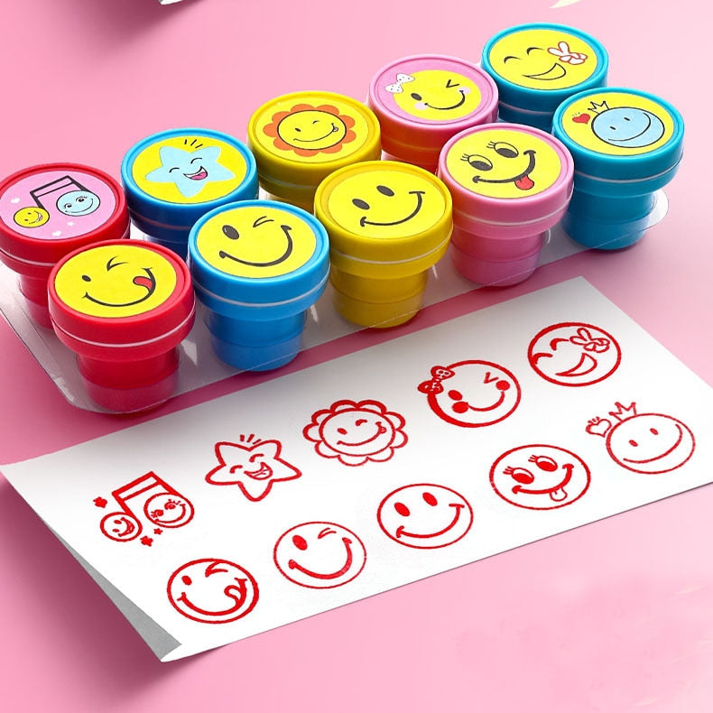 10pcs Assorted Stamps for Kids Self-ink Stamps Children Toy Stamps Smiley Face Seal Scrapbooking DIY Painting Photo Album Decor