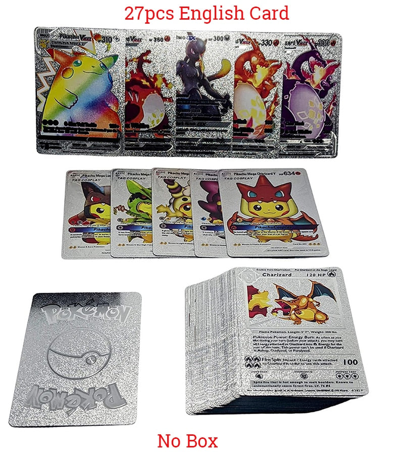 New Pokemon Cards Metal Gold Silver Vmax GX Card Box Charizard Pikachu Rare Collection Battle Trainer Card Children Toys Gift