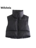 Willshela Women Fashion High Neck Cropped Waistcoat Puff Vest Casual Woman Sleeveless Jacket Chic Lady Winter Warm Outfits