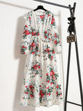 Women Elegant Floral Printed Long Dresses Spring Summer Casual O Neck Long Sleeve Ladies Chic High Waist A Line Beach Dresses
